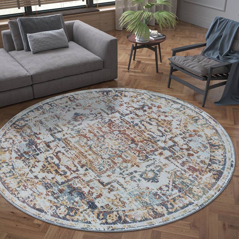 Rayna Farmhouse Medallion Indoor Area Rug - 5'3'' Round - Navy