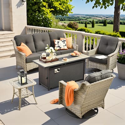 OVIOS 5 Pieces Outdoor Wicker Set with 54" Fire Table