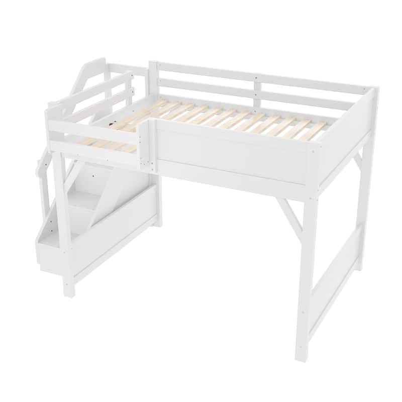 Full/Twin Loft Bed with Built-in Wardrobe, Storage & Stairs - Solid Wood, Full-Length Guardrails, No Box Spring