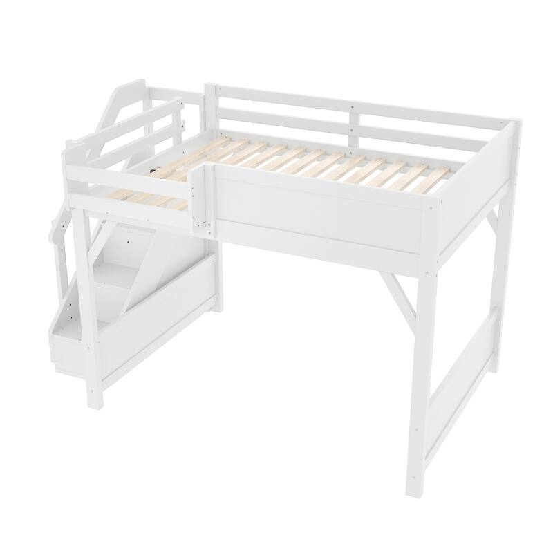 Kids Solid Wood Loft Bed Frame with Built-in Wardrobe, Storage Shelves, Full-length Guardrails and Stairs, No Box Spring Needed