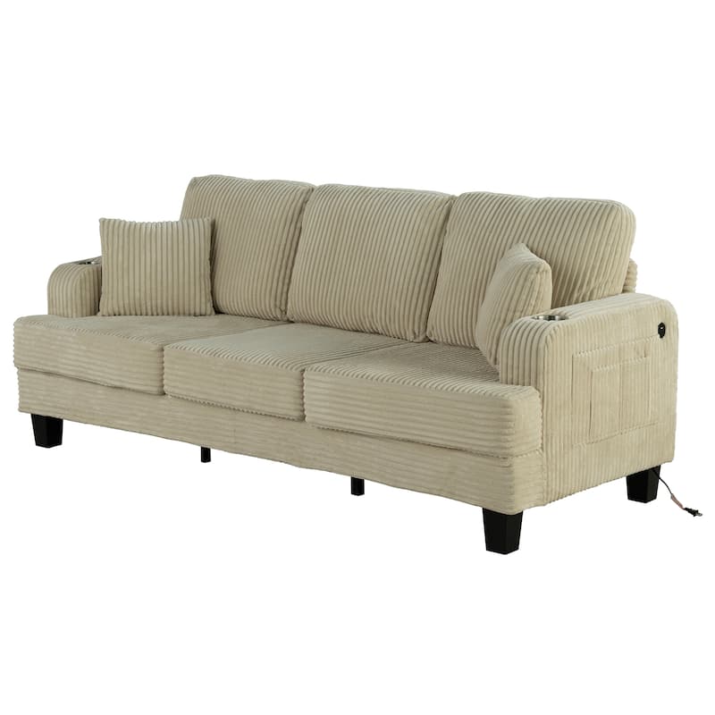 85" Modern Corduroy Rectangle 3-seater Sofa with USB and 2 Pillows