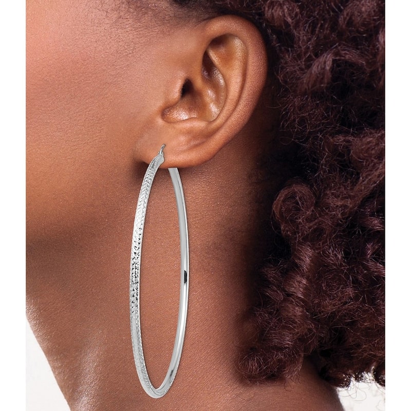 Curata 14k White Gold Lightweight 3mm Sparkle Cut Hoop Earrings - 82.15x79.52mm Wide 3mm Thick