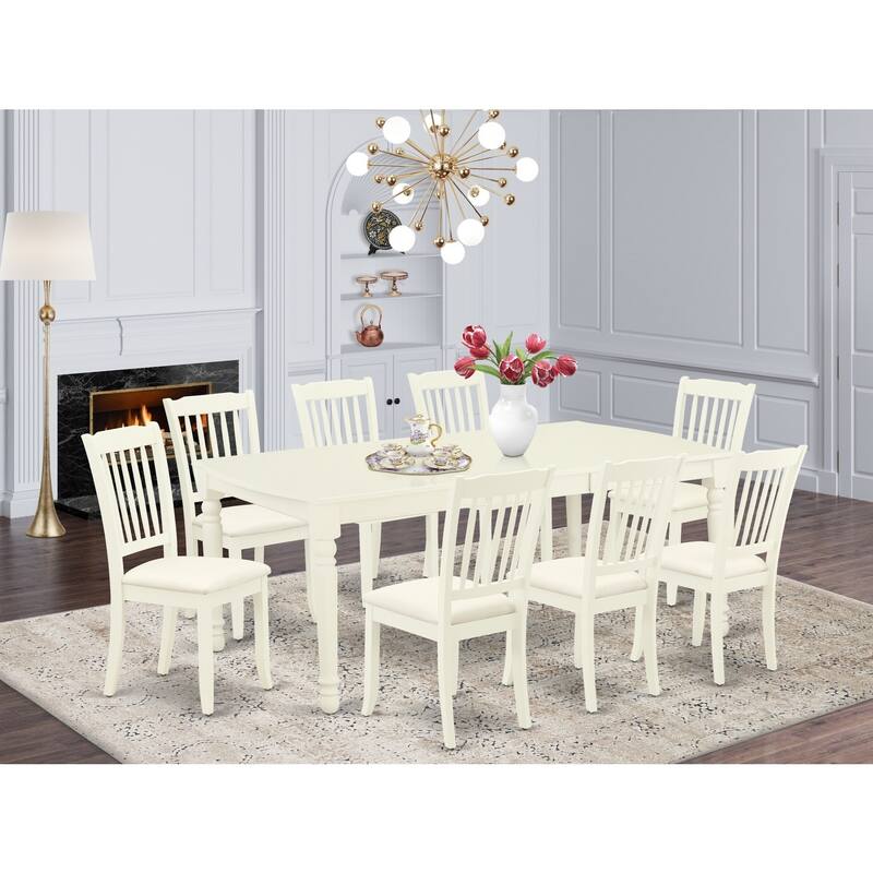 Modern 9Pc Dining Set - Rectangular Table with Leaf & 8 Linen Chairs - White Finish - 78