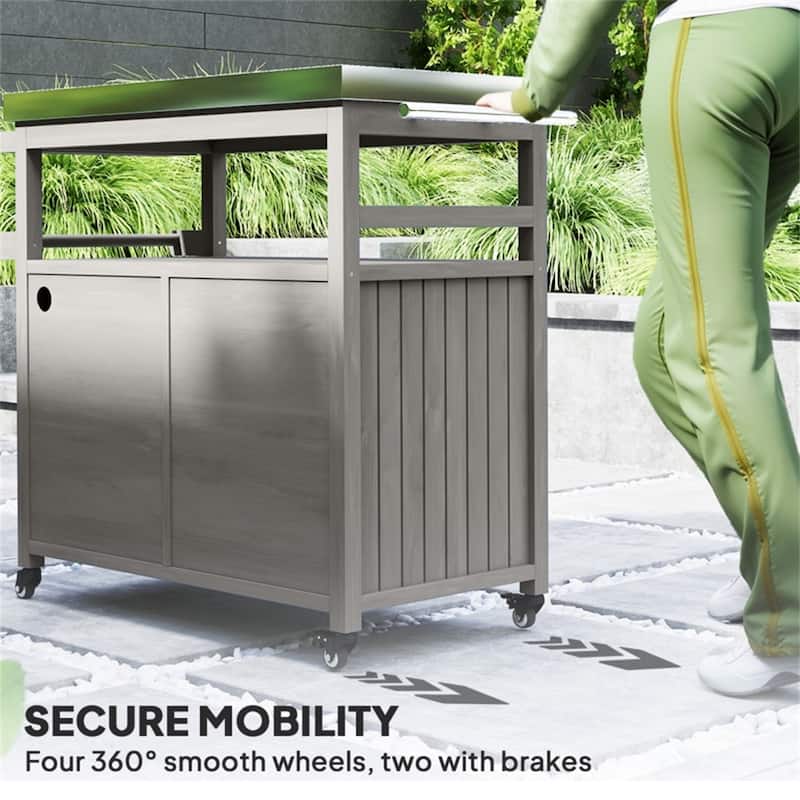 Stainless Steel and Wood Grill Cart with Cabinets, Spice Rack, Towel Holder, and Swivel Casters Multi-Purpose Serving Table Gray