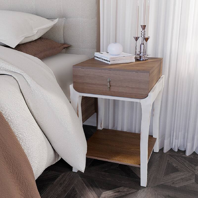 SUNBURY Farmhouse Nightstand Wood Accent End Table w Drawer and Shelf - Brown-1PC