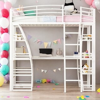 Modern Twin Size Loft Bed With 4 Layers Of Shelves And L-shaped Desk,Sockets,USB Ports,Wireless Charging