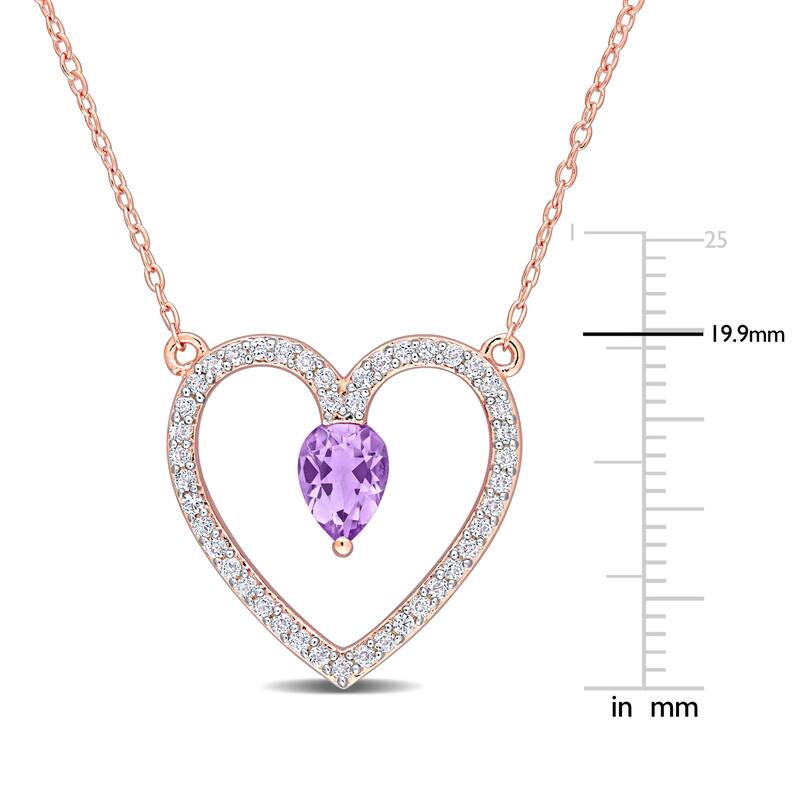 Miadora Pear-cut Amethyst and White Topaz Heart Station Necklace in Rose plated sterling silver