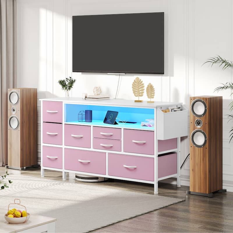 Moasis 50"W 9-drawer Fabric Dresser, Media Console, TV Stand with Outlets, RGB Lights