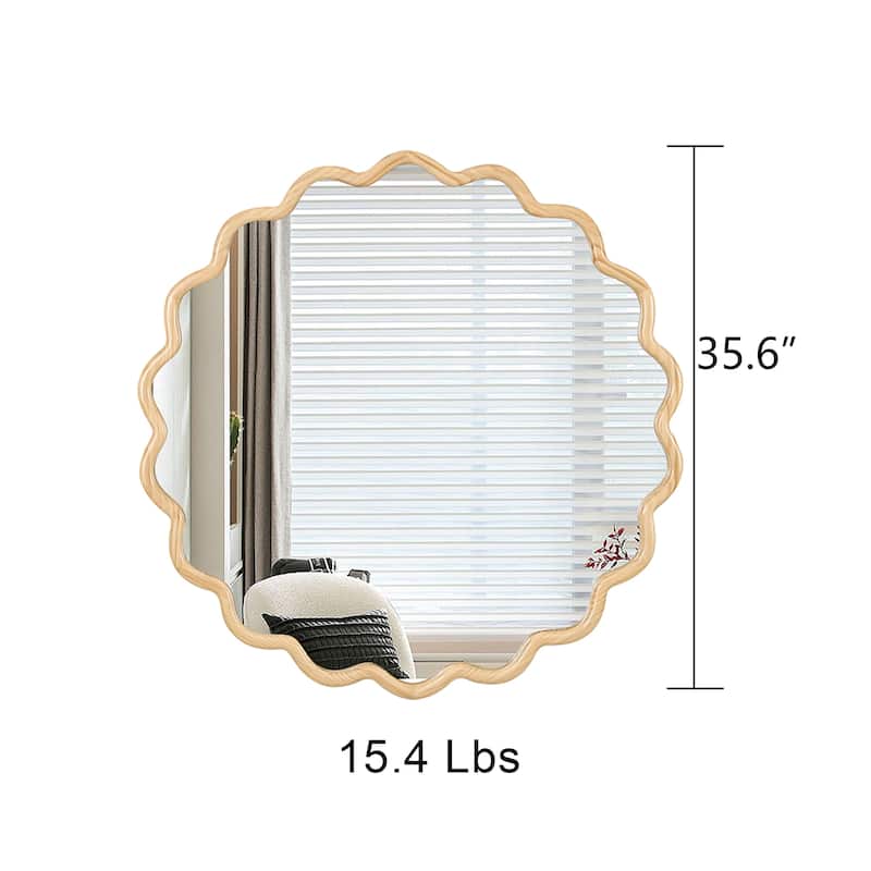 Mia Solid Wood Wavy Round Wall Mirror with HD Reflection and Artistic Frame Design by GDFStudio