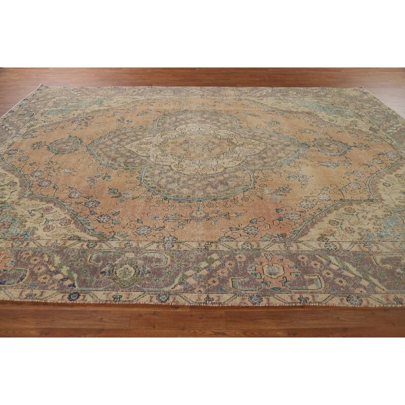 Distressed Tabriz Persian Antique Area Rug Hand-Knotted Wool Carpet - 9'6" x 12'8"