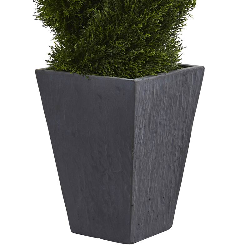 4ft Cypress Double Spiral Topiary Artificial Tree in Slate Planter with UV Resistant Foliage for Entryway or Office