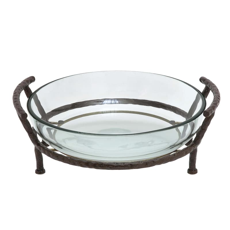 Tempered Glass Kitchen Serving Bowl with Brown Metal Base - Clear - Roche River Decor - Clear