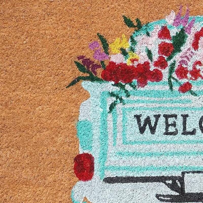 HomeRoots 17" X 29" Brown Aqua And Red Floral Welcome Outdoor Coir Door Mat - 17.00' X '29.00