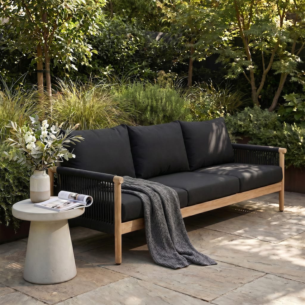 Outdoor 3-Seater Patio Sofa, Weather-Resistant Aluminum Faux Wood Frame Couch with Thick Cushions and Woven Armrests