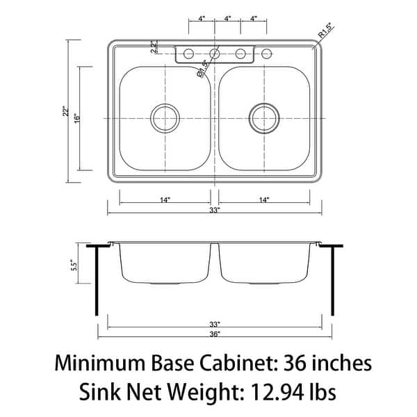 dimension image slide 6 of 8, Sinber Drop in Double Bowl 304 Stainless Steel Kitchen Sink