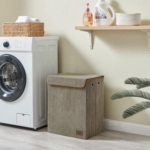 Collapsible Folding Corduroy Low Profile Laundry Hamper Storage - Cream White or Taupe Gray - Grey