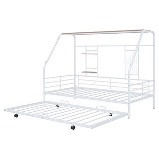 Twin Size Metal House Bed with Trundle, Built-in Shelf and Grid, White