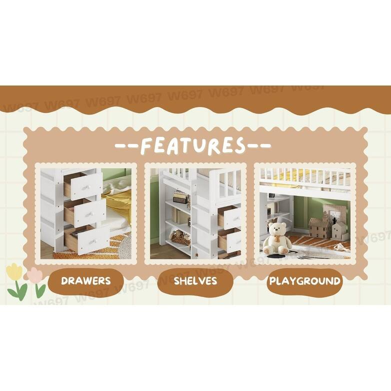 Twin House Bunk Bed with Roof, Storage Shelves, and Drawers for Kids.
