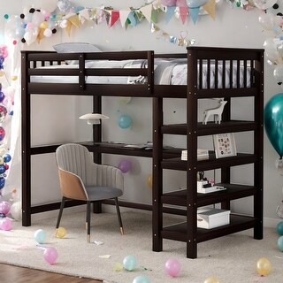 Twin Size Loft Bed with Storage Shelves and Under-bed Desk,With A Desk And Shelves Underneath,With Workstation,Gray