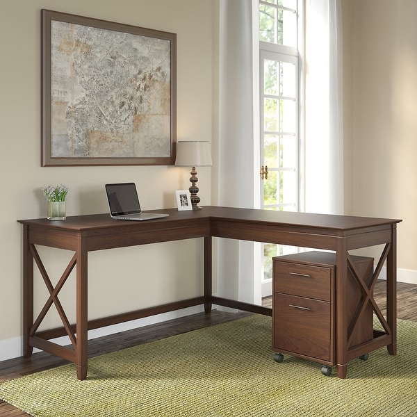 Bush Furniture Key West 60W L Shaped Desk with 2 Drawer Mobile File Cabinet Pure White Oak
