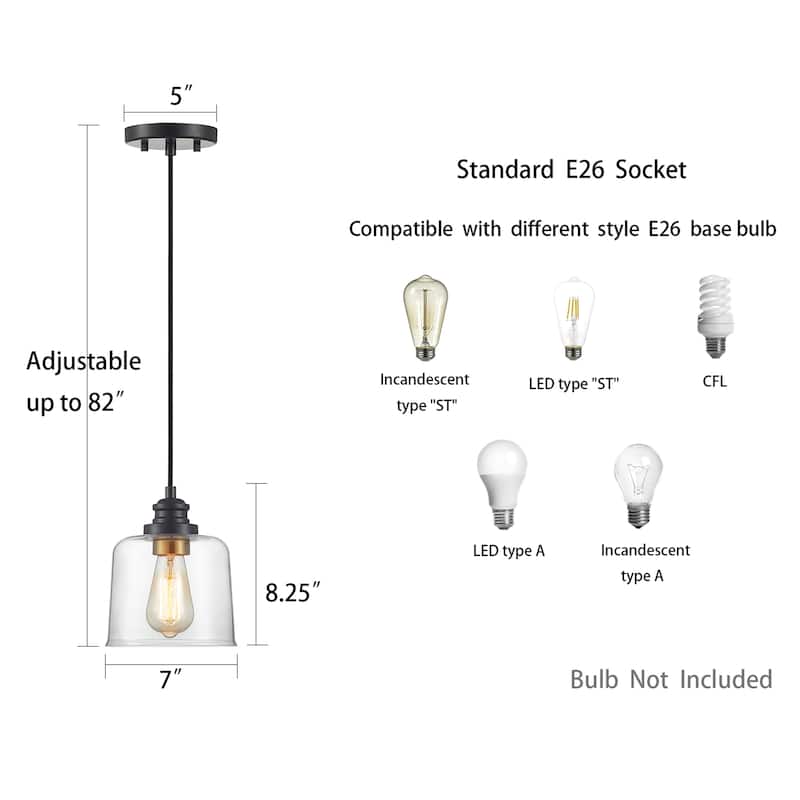 KAWOTI 1-Light Mini Pendant Light with Glass Shade - Adjustable up to 82"
