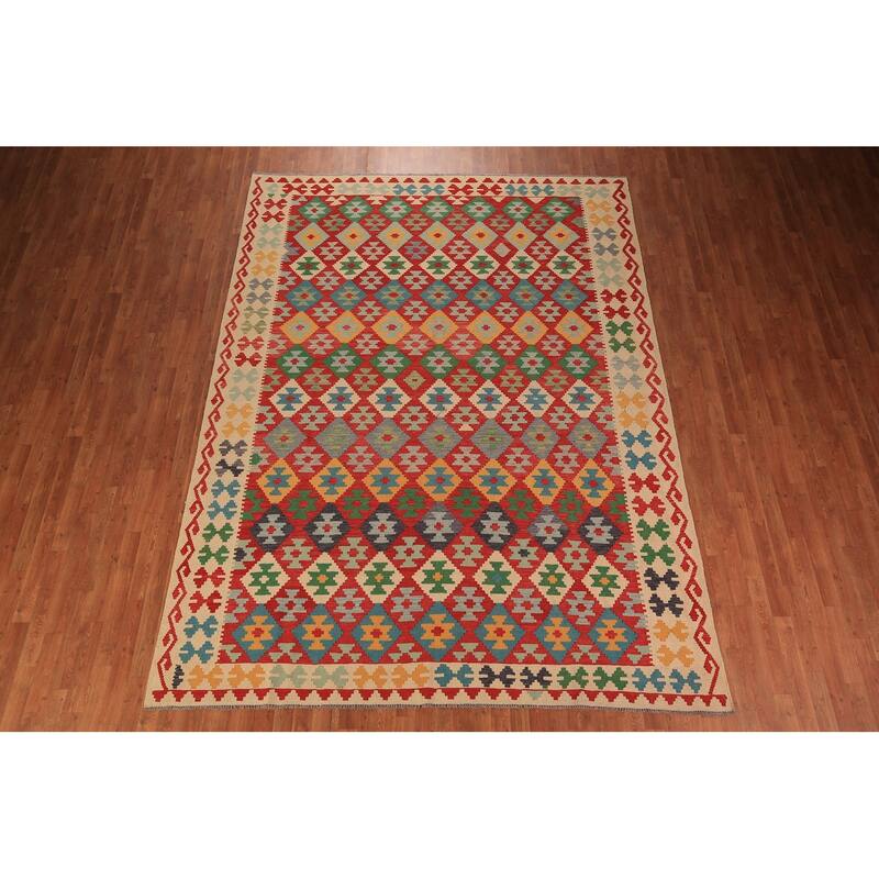 Geometric Kilim Orange Area Rug Hand-Woven Wool Carpet - 8'3" x 11'3"