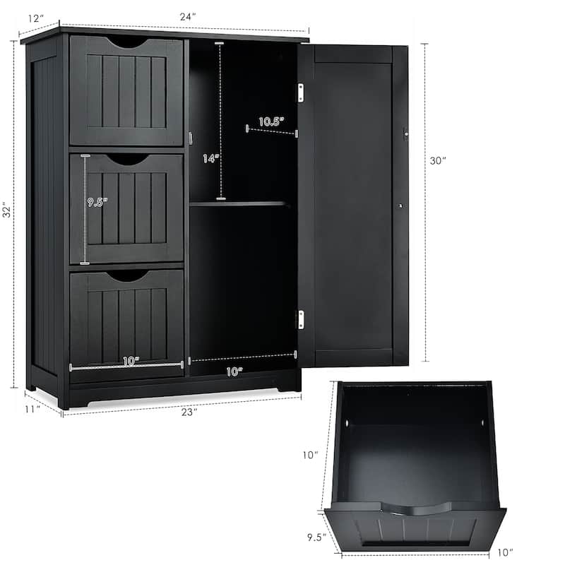 Bathroom Floor Cabinet Wooden with 1 Cupboard and 3 Drawers