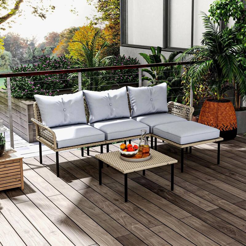 5PCS PE Rattan Patio Set, Sofa Chaise Coffee Table, White Weatherproof - Light Grey