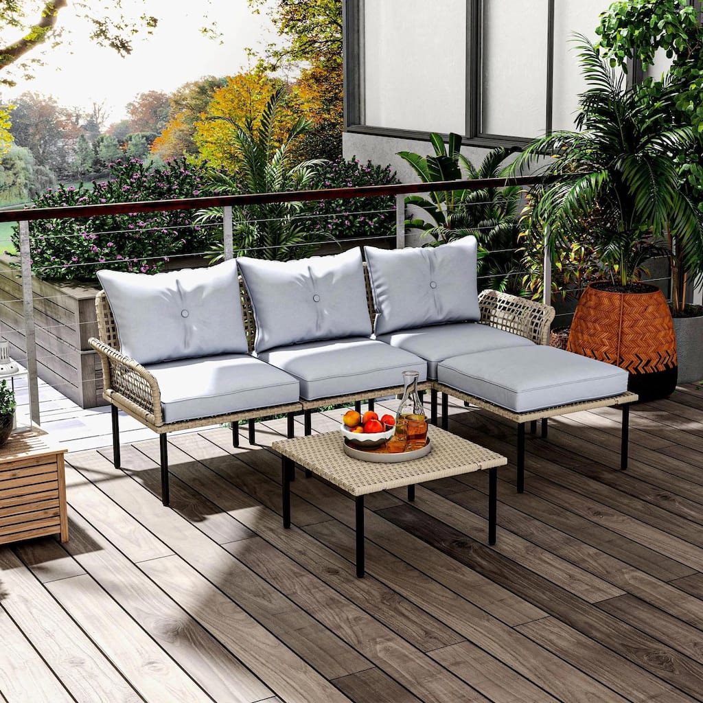 5PCS PE Rattan Patio Set, Sofa Chaise Coffee Table, White Weatherproof