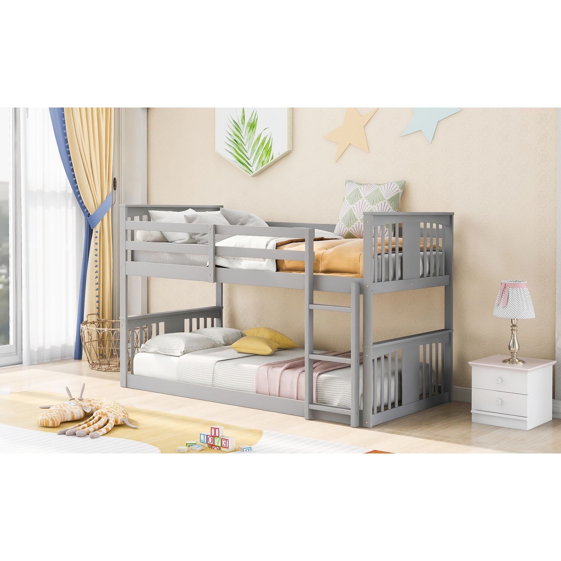 Twin over Twin Floor Wood Bunk Bed with Ladder and Guardrails, White