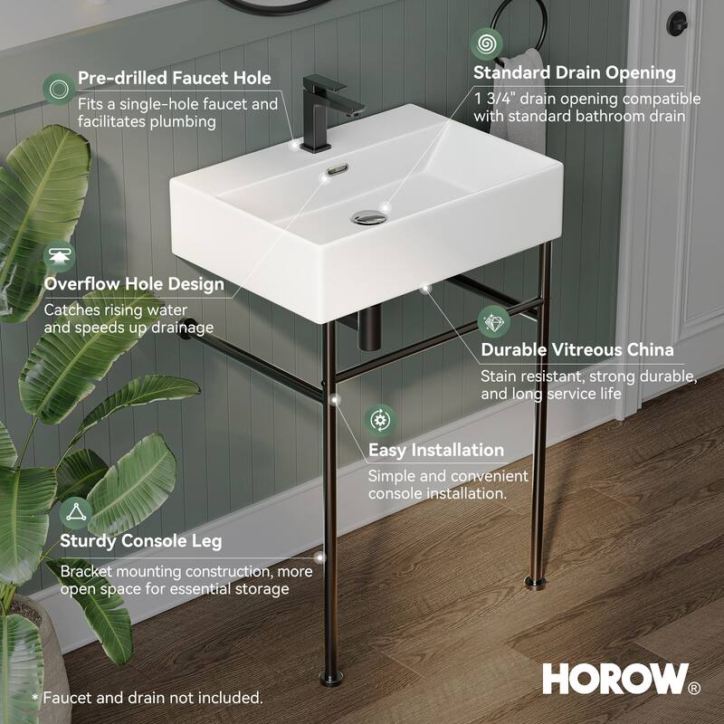 HOROW 24 in. Ceramic White Rectangular Bathroom Console Sink with Black Legs and Overflow