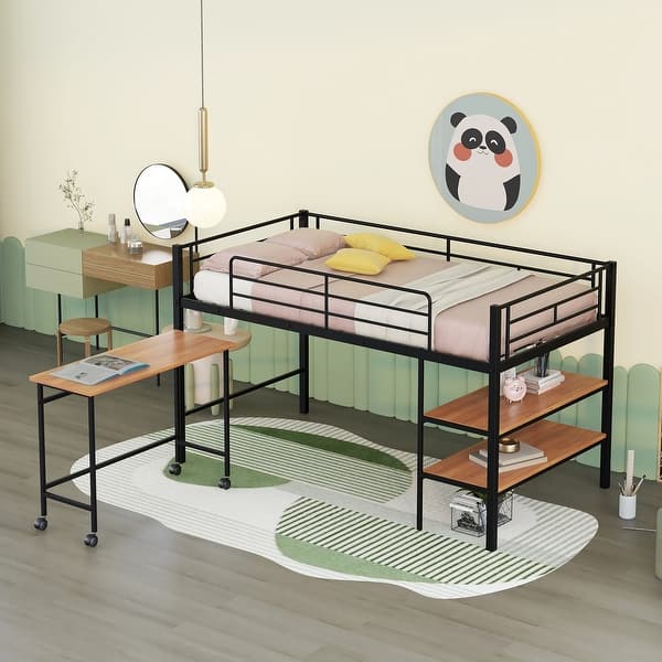 slide 2 of 28, Twin Size Platform Bed with Rolling Desk and Bookshelf, Metal Loft Bed Frame with Full-Length Guardrails and Ladder Black - Twin