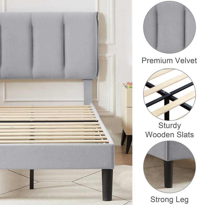 Javlergo Velvet Upholstered Platform Bed Frame with Adjustable Headboard
