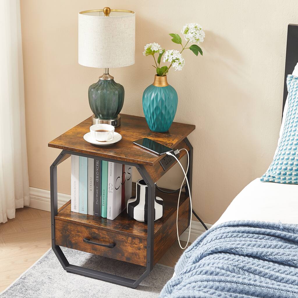 End table Side table with Charging Station,sofa side table with drawers, bedside table for bedroom.