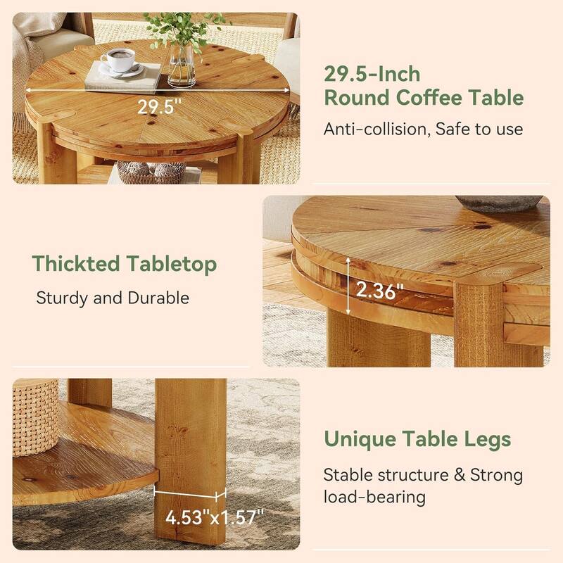 Farmhouse 2-Tier Round Solid Wood Coffee Table, 31.5" Circle Accent Center Tables for Living Room
