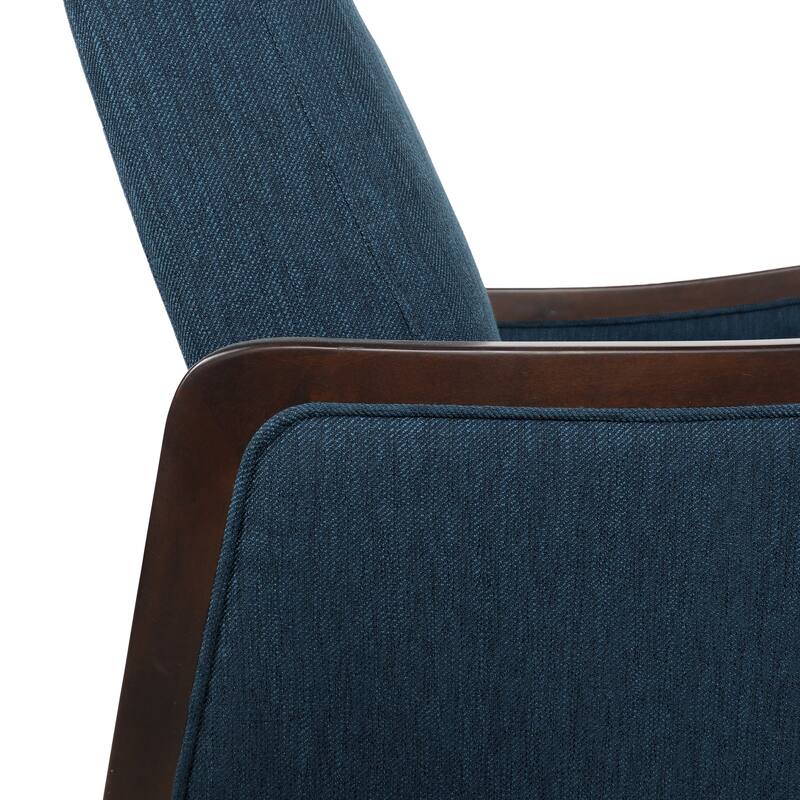 Navy Blue Mid-Century Upholstered Push-Back Recliner with Footrest and Birch Wood Frame