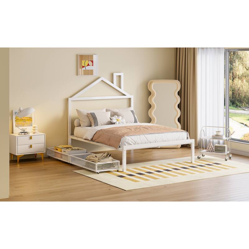 Artistic Metal Full Platform Bed with Storage Drawers, House-Shaped Frame for Kids