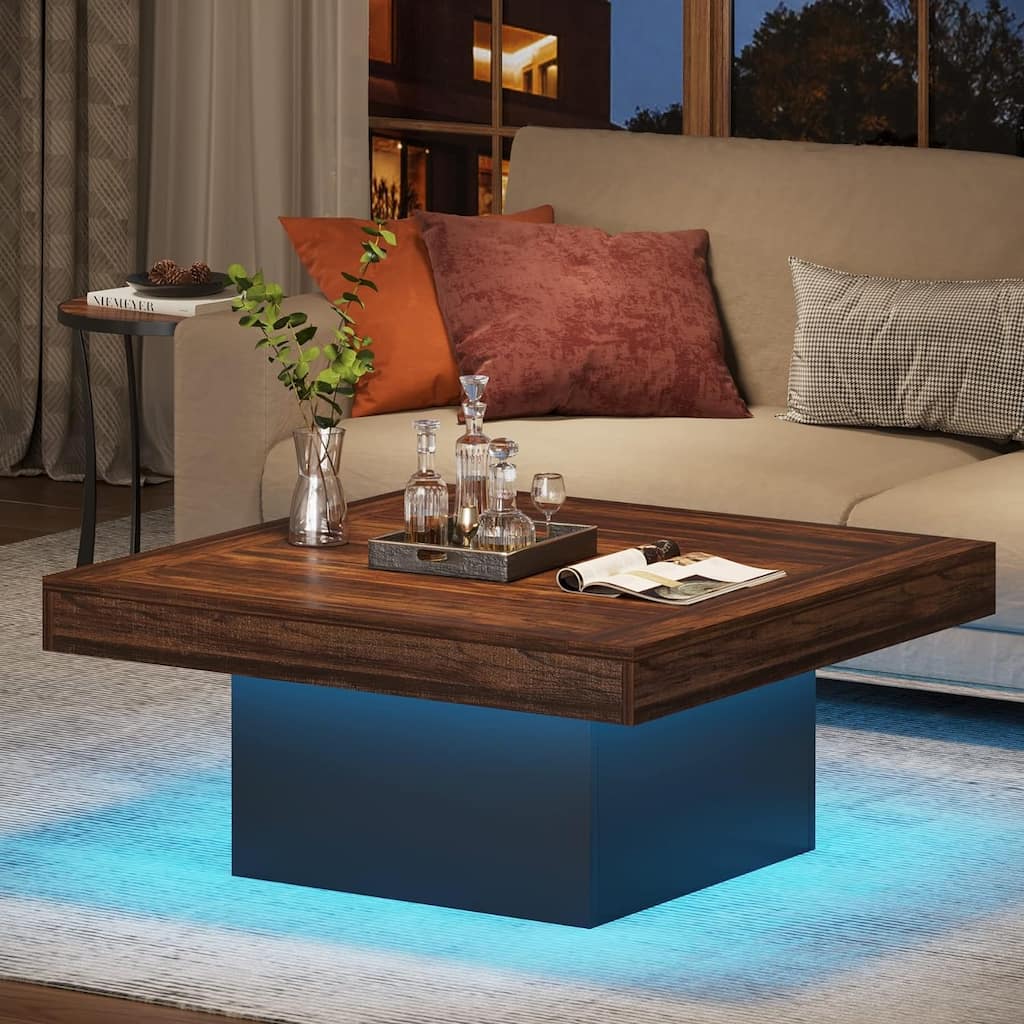 35.4" Farmhouse Square LED Coffee Table - Rustic Brown