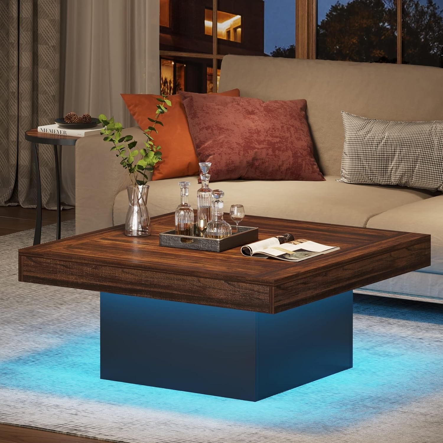 35.4" Farmhouse Square LED Coffee Table - Rustic Brown