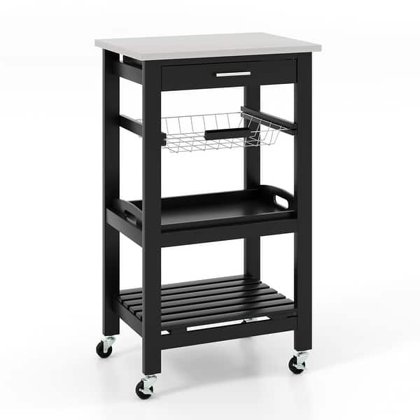 Compact Kitchen Island Cart Rolling Service Trolley with Basket - Bed ...