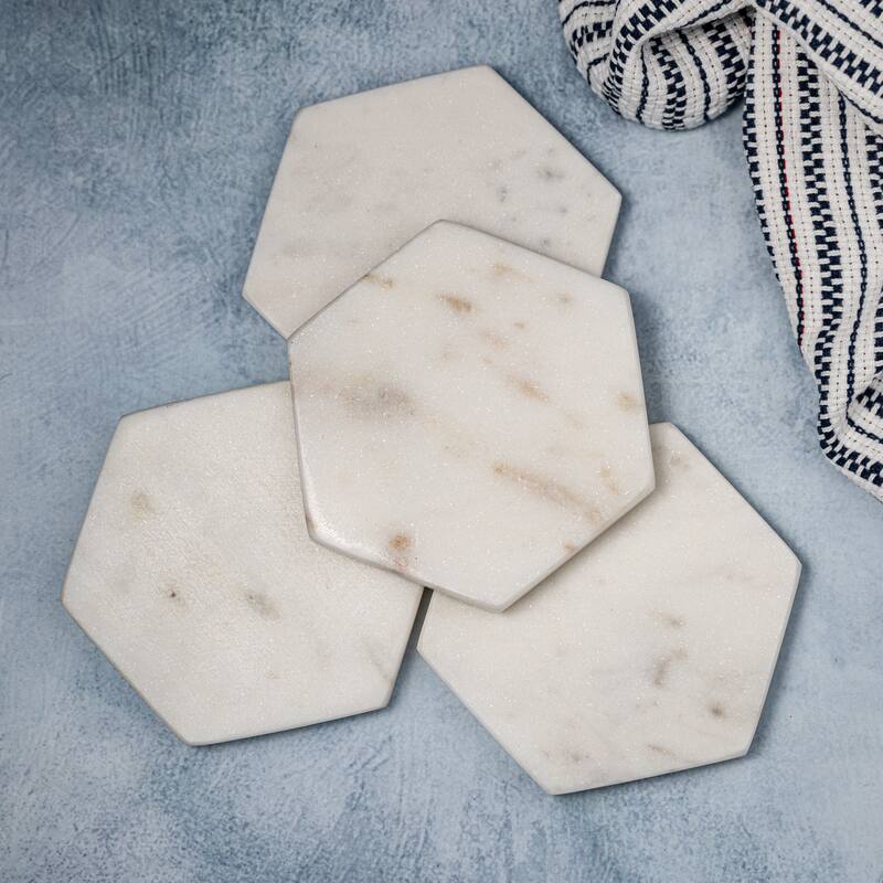 Set of 4 Marble Hex Coasters - WHITE
