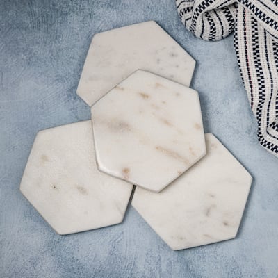 Set of 4 Marble Hex Coasters - WHITE