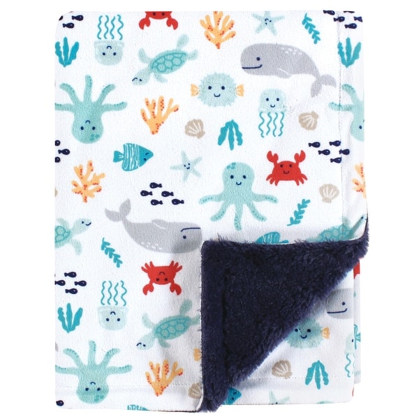 slide 1 of 1, Hudson Baby Boys Plush Blanket with Furry Binding and Back, Sea Characters, One Size - Sea Characters - One Size One Size - Sea Characters