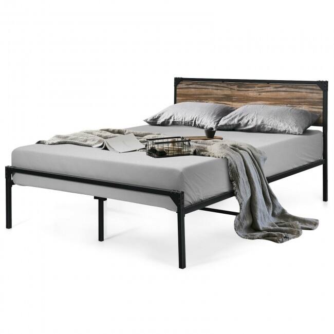 Metal Platform Bed Frame with Wooden Headboard