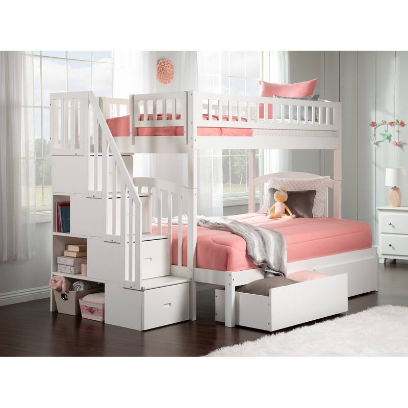 AFI Westbrook Twin over Full Size Staircase Bunk Bed with Bed Drawers & Charging Station in White