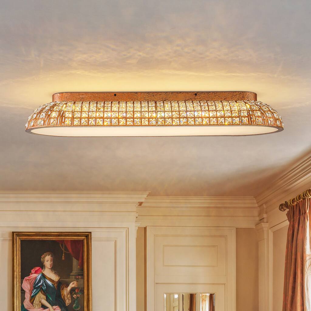 Retro French 38" W Integrated LED Flush Mount Ceiling Light with Crystal Accents - Antique Brass