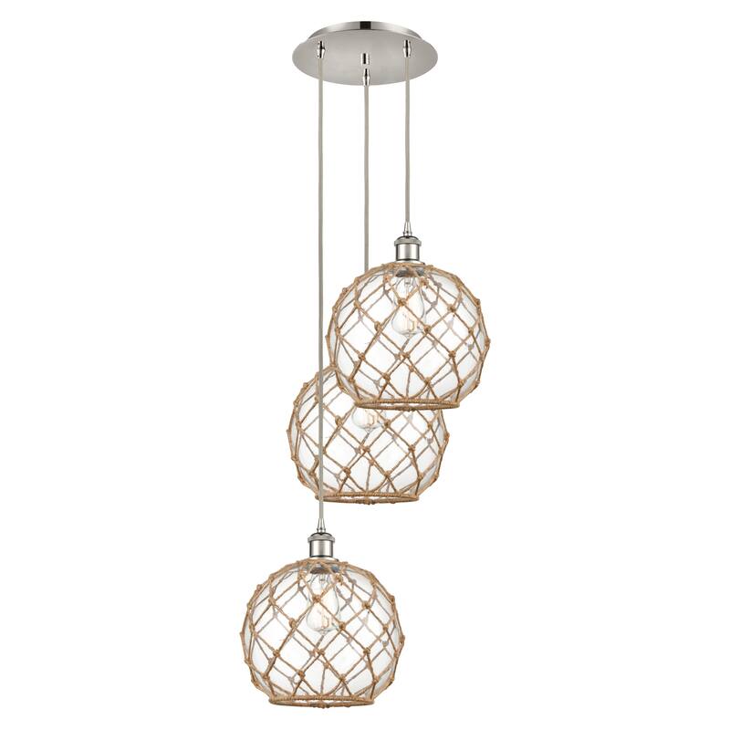 Innovations Lighting Endless Possibilities Ballston - Farmhouse Rope - 3 Light 17" Cord Hung Multi Pendant - Clear Glass with Brown Rope/Polished Nickel