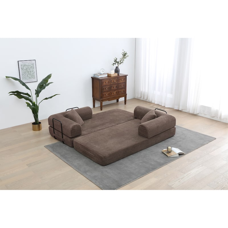 Convertible Sleeper Sofa, Floor Sofa with Cylindrical Pillow, Folding Mattress Couch Sofa Bed with Fixed-Shape Frame - Brown