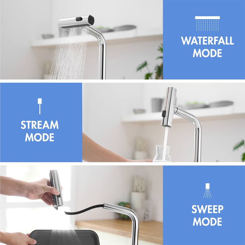 Waterfall Single Hole Kitchen Faucets with Pull Down Sprayer