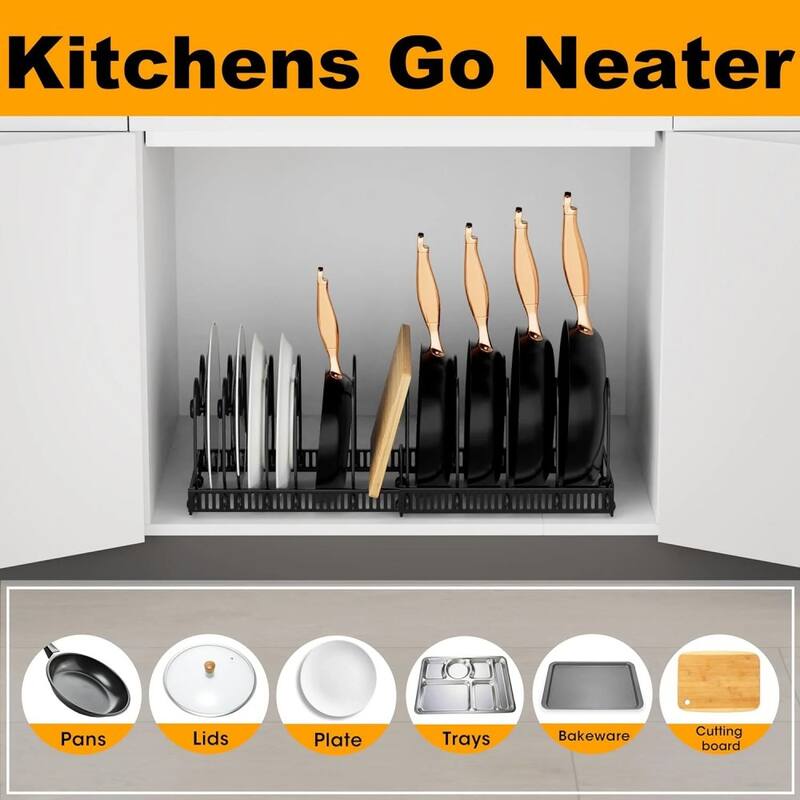 Adjustable Expandable Pot Lid Organizer, Space-Saving Cabinet Rack